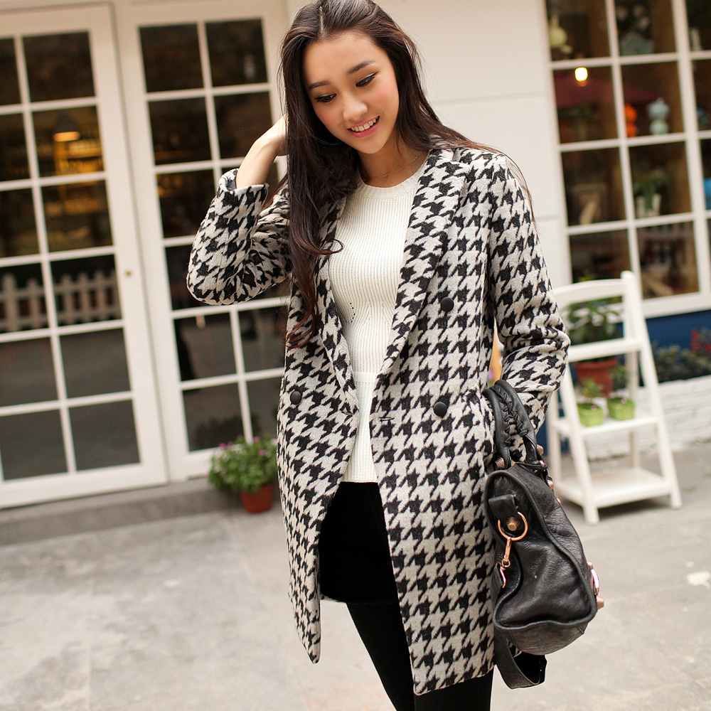 Lyrate 1127 fashion houndstooth leather buttons long design woolen overcoat