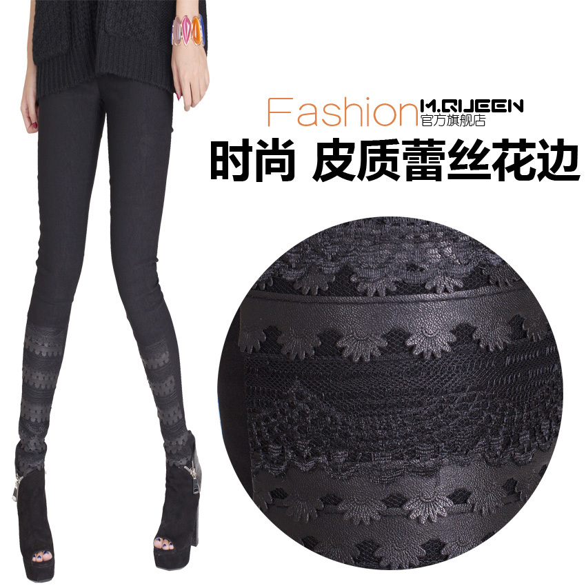 M . queen personality leather lace cascading laciness trousers women's legging pencil pants