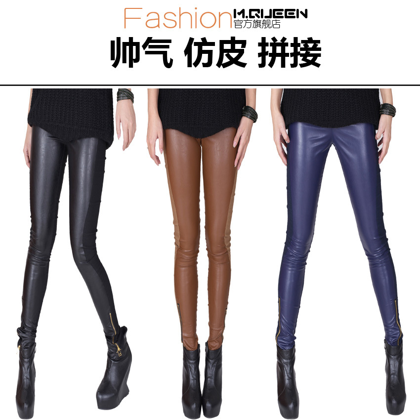 M . queen quality water washed faux leather patchwork leather handsome zipper legging leather pants female