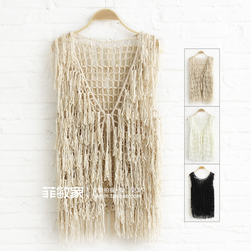 M099 fashion channel cutout knitted tassel V-neck sleeveless strap vest sweater cardigan autumn