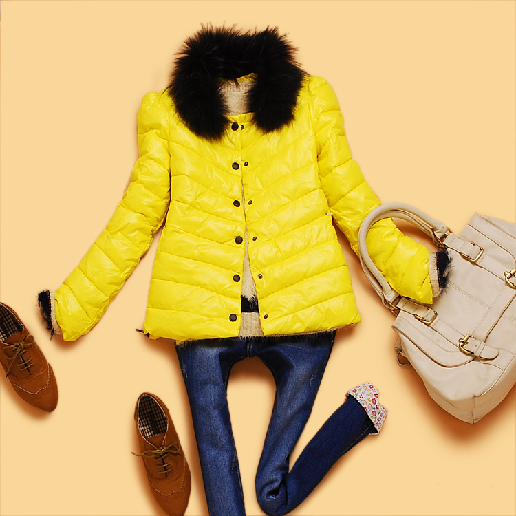 M4-3-4 winter women's detachable fur collar puff sleeve candy color small cotton-padded jacket wadded jacket outerwear