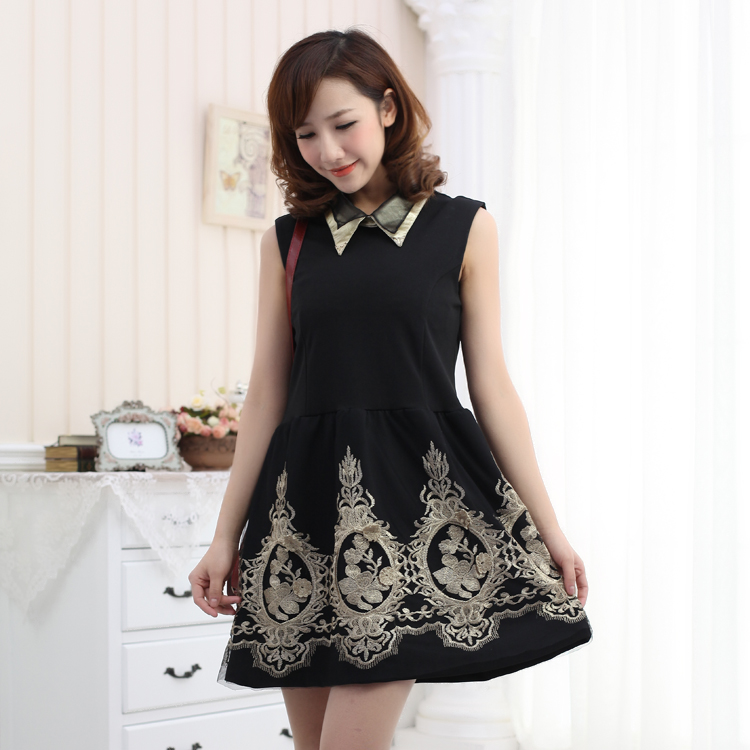 M4-4 spring 2013 vintage lace embroidered faux leather double collar metal zipper patchwork one-piece dress