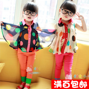 M635 medium-long chiffon dot vest t-shirt loose turn-down collar girls top clothing