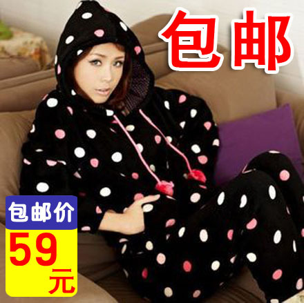 Magic doll winter women's long-sleeve set with a hood dot lounge thickening coral fleece sleepwear