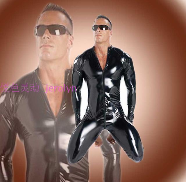 Male body shaping bodysuit elastic tight jumpsuit long-sleeve black leather clothing bodysuit man costume