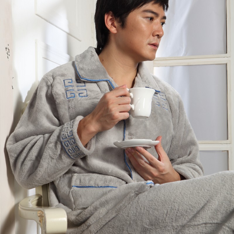 Male coral fleece sleepwear men's long-sleeve thickening coral fleece sleepwear casual at home service