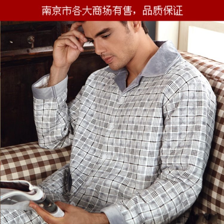 Male double layer 100% cotton thickening long-sleeve sleepwear male autumn and winter 100% cotton plaid entresol lounge set 01