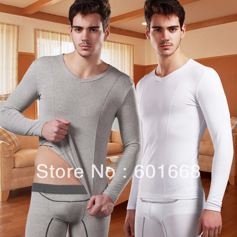 Male fashion slim V-neck basic thermal underwear set cotton thin long johns long johns