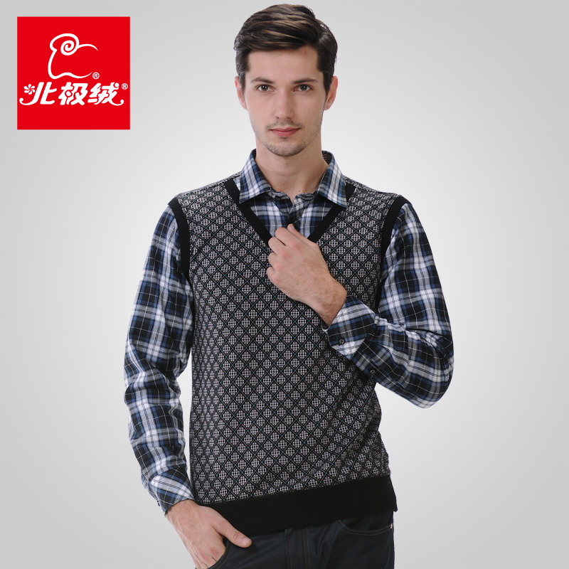 Male faux two piece plus velvet thickening business casual thermal top plaid long-sleeve shirt male