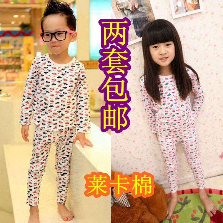 Male girls clothing sleepwear 100% cotton long johns long johns child underwear set