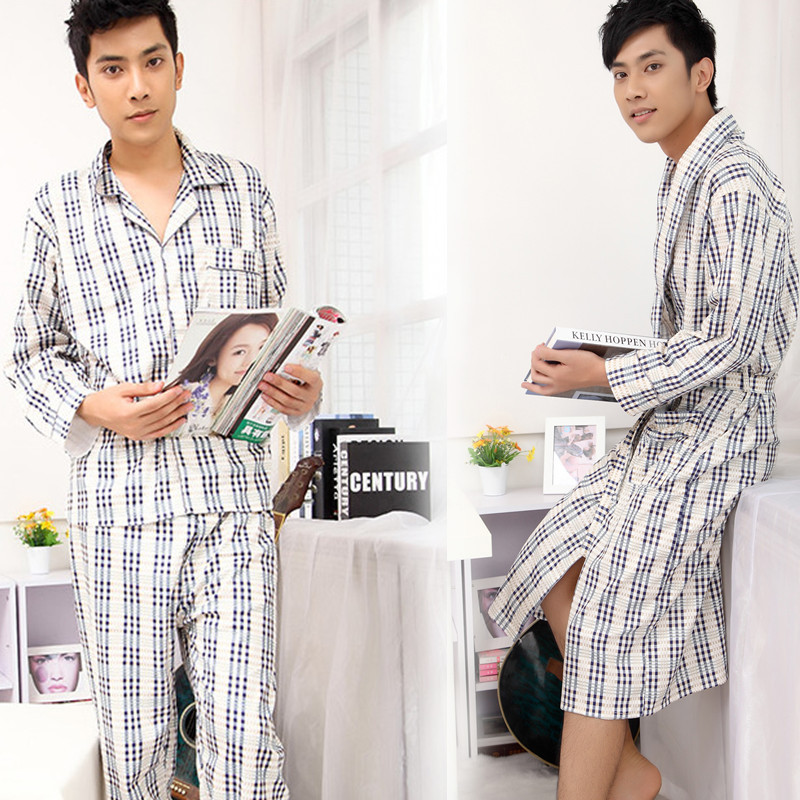 Male knitted cotton lounge set casual plaid sleepwear long-sleeve robe lacing