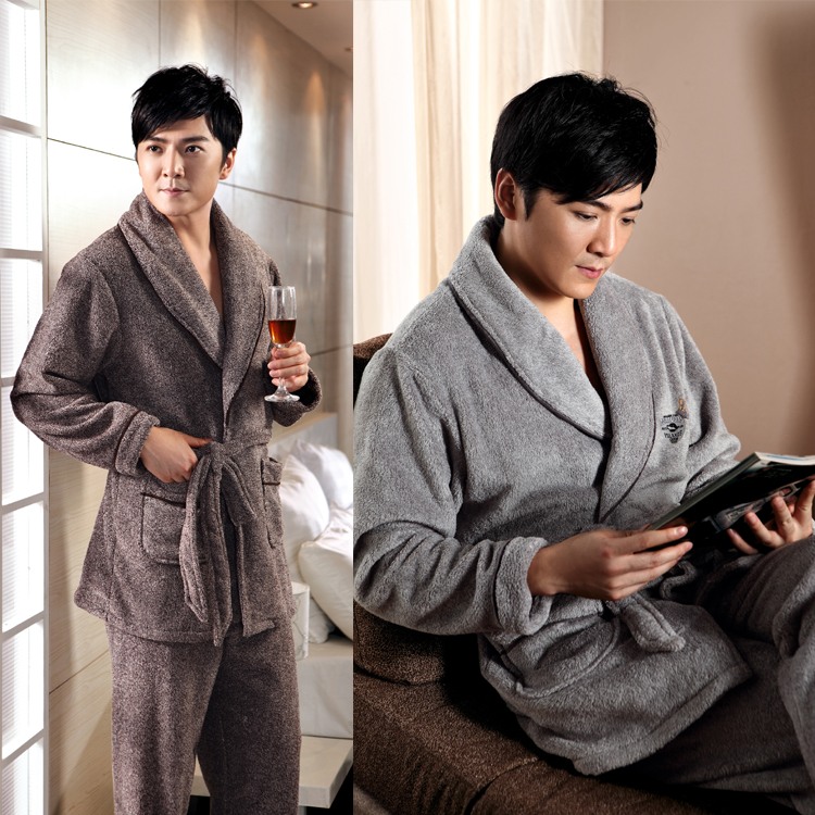 Male lengthen thickening coral fleece sleepwear male autumn and winter lacing solid color long-sleeve flannel lounge set 73