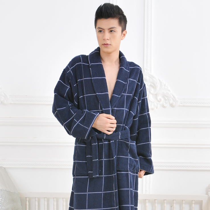 Male lovers thickening 100% cotton square grid toweled bathrobes bathrobe robe