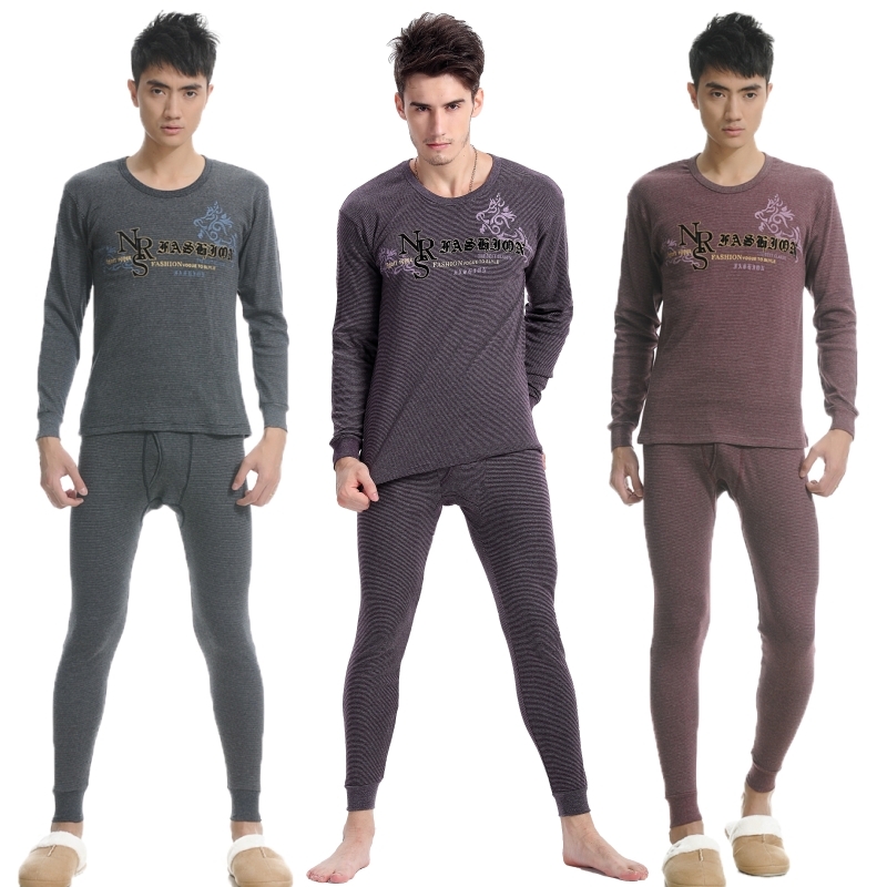 Male o-neck stripe long johns set top full set stripe jacquard thin thermal underwear fashion