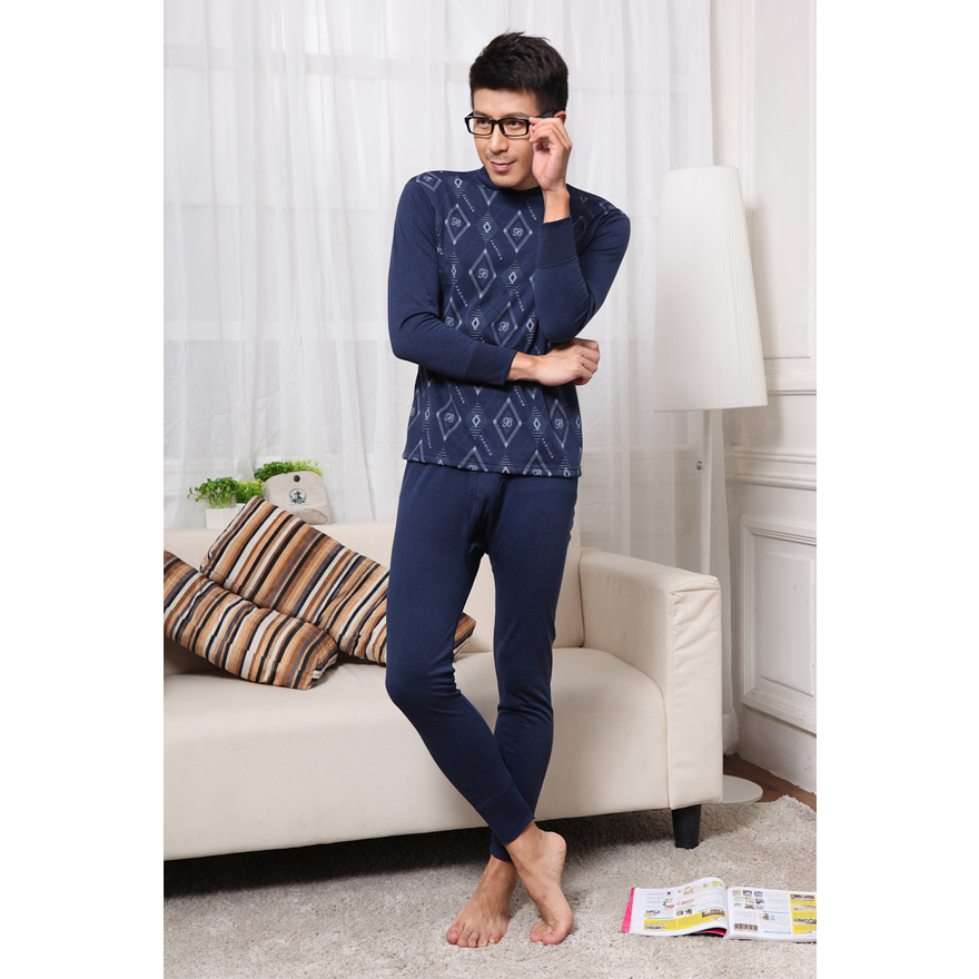 Male print plaid thickening plus velvet o-neck thermal underwear