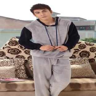 Male solid color coral fleece sleepwear 2 piece set long-sleeve sleepwear thickening coral fleece lounge autumn and winter