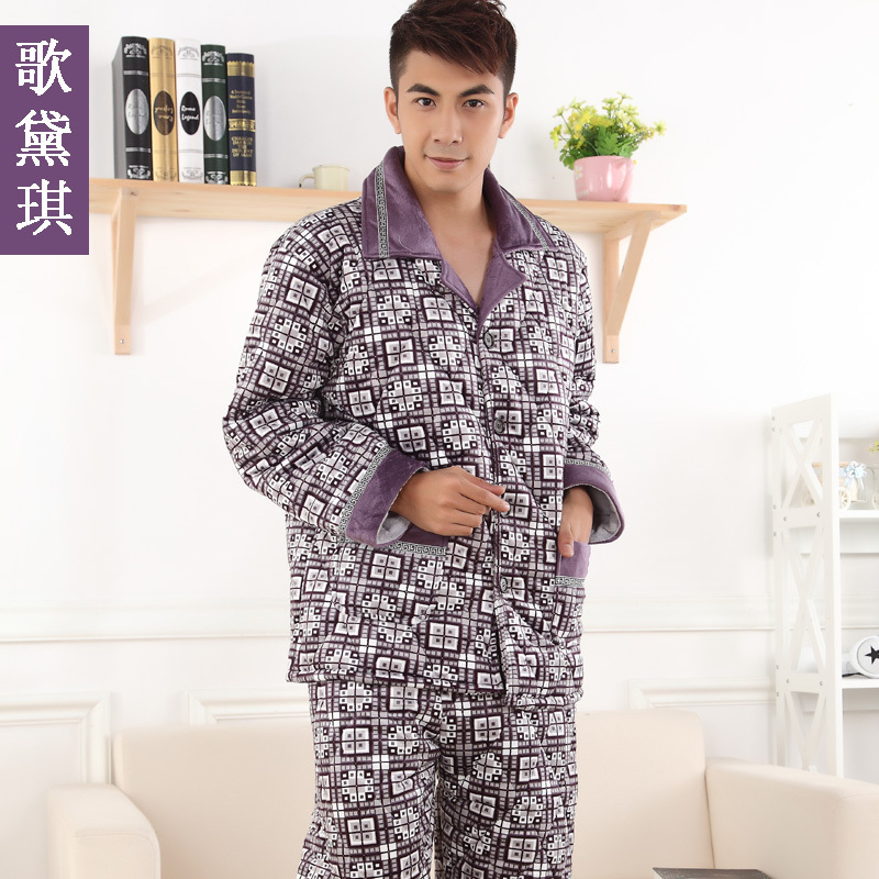 Male super soft thickening coral fleece cotton-padded sleepwear winter lounge set long-sleeve at home service