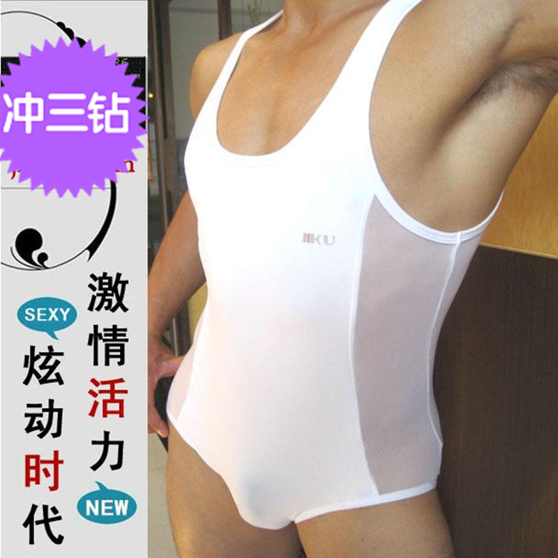 Male underwear nylon sexy gauze cutout spaghetti strap ultra-thin elastic solid color body shaping bodysuit male