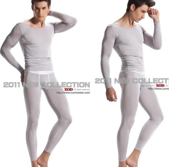 Male underwear set thin tight silky sexy o-neck