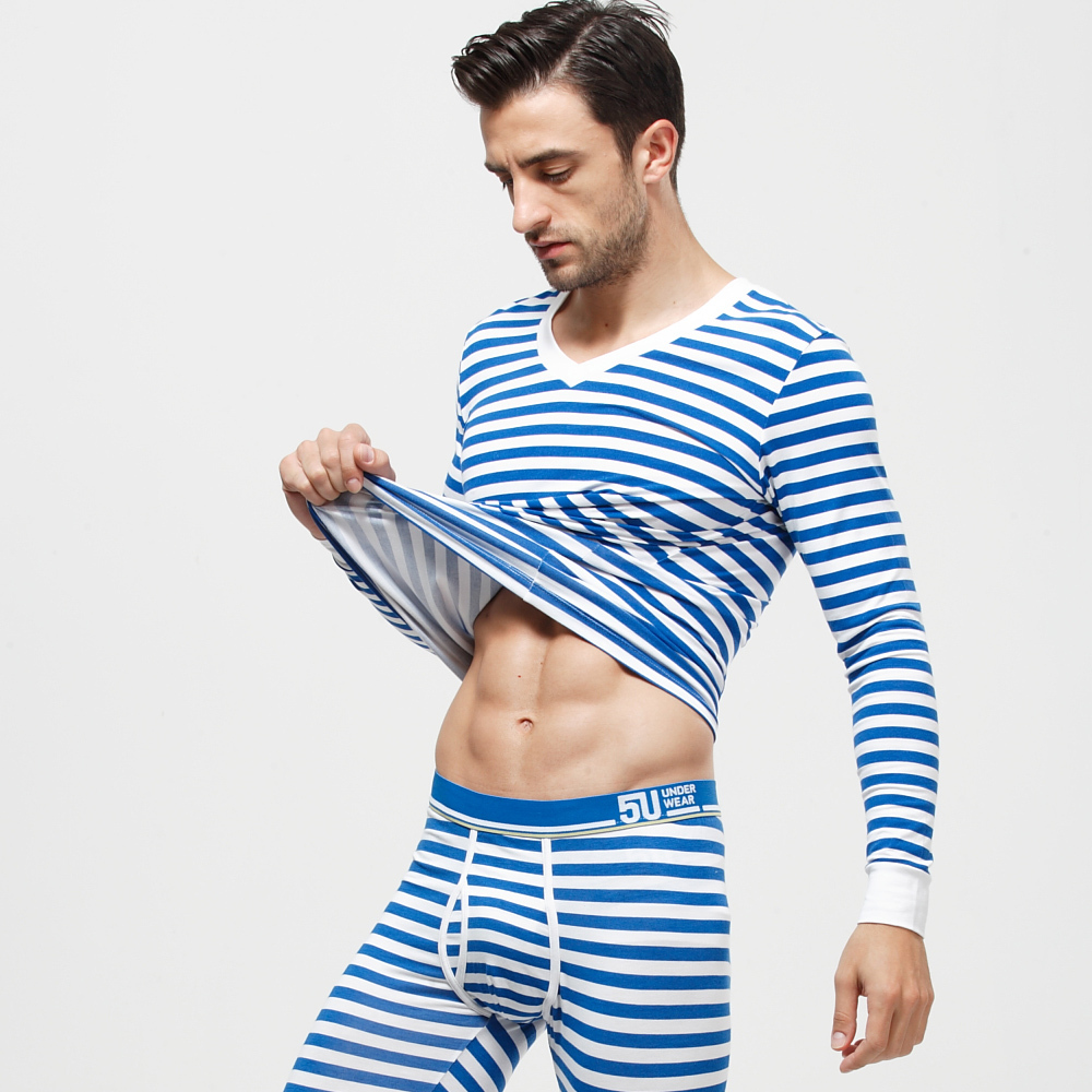 Male V-neck thermal underwear sets classic navy blue and white stripe basic underwear thin 2013 Free Shipping