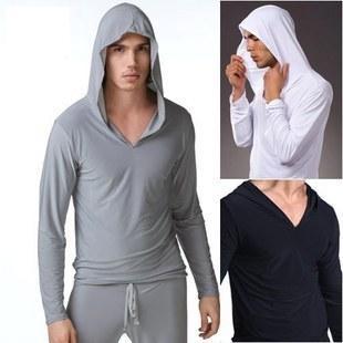 Male viscose long-sleeve casual male sweatshirt with a hood at home service shayi low collar silky