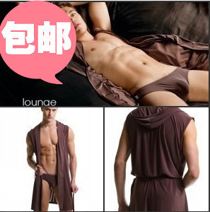 Male with a hood sleeveless leugth comfortable casual bathrobe robe