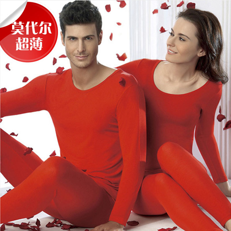 Male women's marry red modal thermal underwear set long johns long johns thin basic