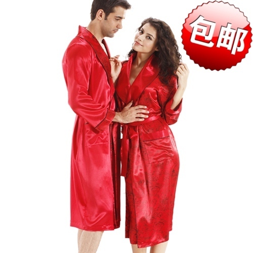 man or woman  lovers sleepwear bothrobe Silk lovers sleepwear long-sleeve robe sexy red married sleepwear plus size lounge