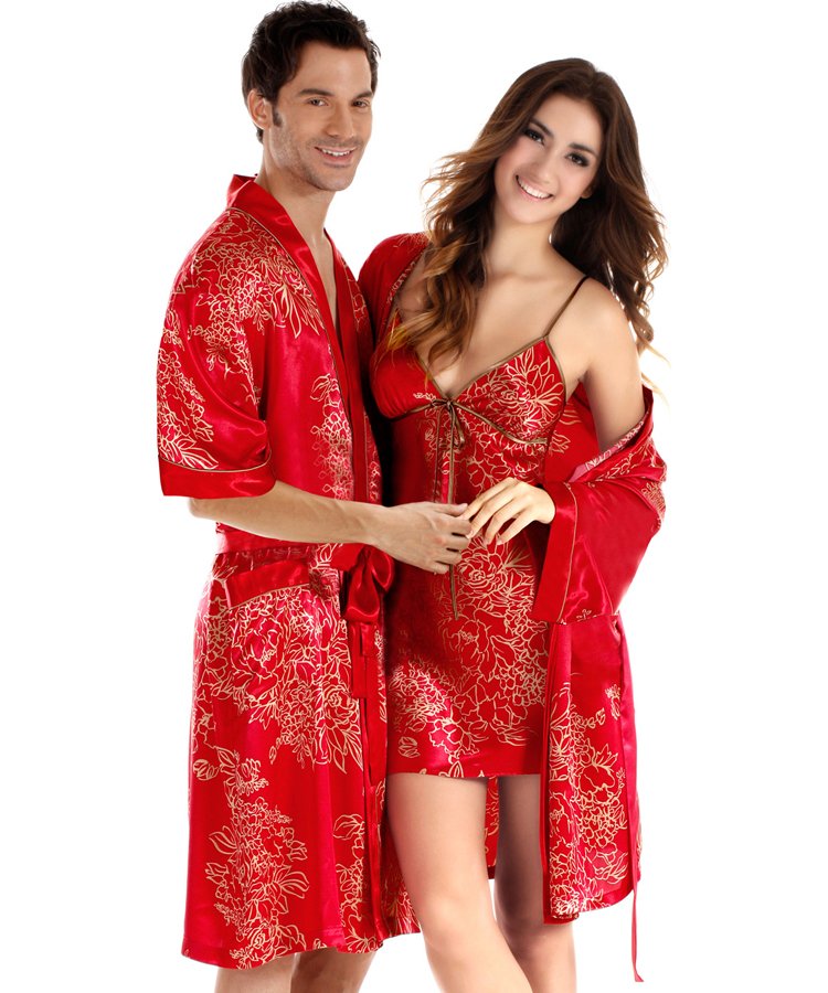 man or woman   silk sleepwear 2piece robe twinset sexy temptation spaghetti strap dress nightgown plus size red lovers sleepwear