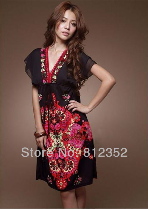 manufacturers supply 2013 spring summer silk milk stylish knee length floral BOHO bohemian vintage dresses women