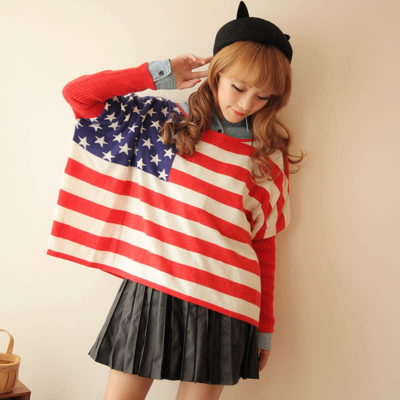 Maomaohome fashion preppy style torx flag batwing sleeve rabbit hair rabbit fur sweater