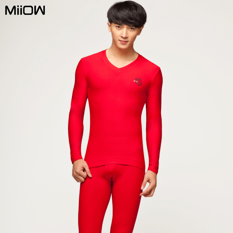 MAOREN modal sanded V-neck male thermal underwear set black red