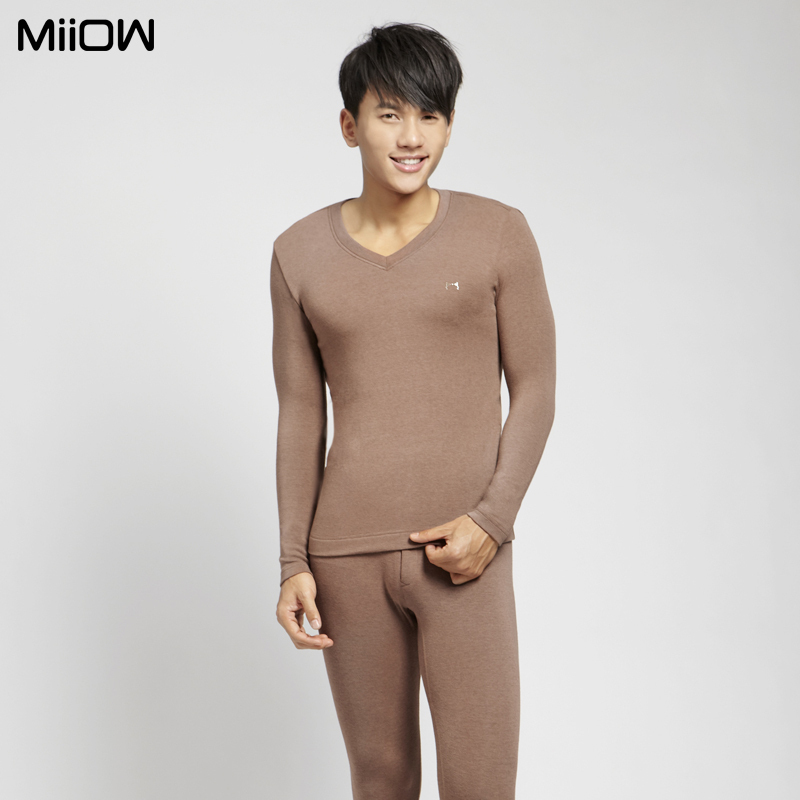 MAOREN solid color V-neck silk wool male thermal underwear set chromophous