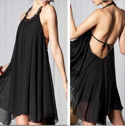 Map of sexy low-cut big racerback gem halter-neck chiffon one-piece dress