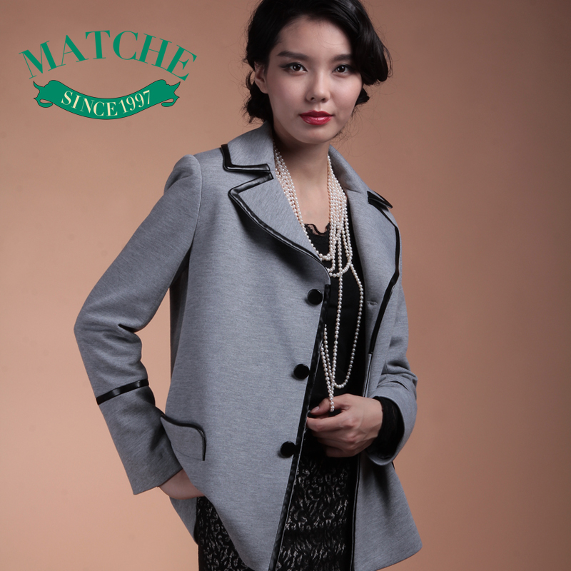 Matche autumn and winter overcoat suit collar single breasted outerwear knitted loose leather upholstery cloth top short jacket