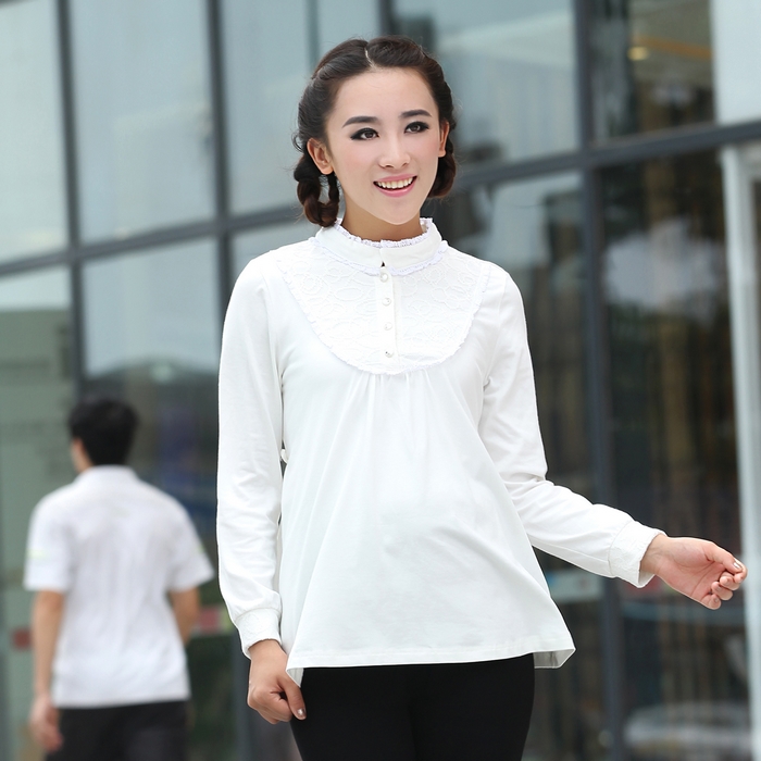 Maternity autumn top autumn 100% cotton maternity basic shirt long-sleeve T-shirt stand collar maternity clothing female 101022