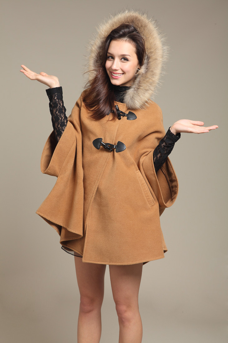 Maternity Clothes Hooded Fur Collars Shawl Horn Button Woolen Cloak Large Size Woolen Jacket