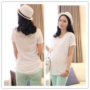 Maternity clothing 100% cotton maternity short-sleeve T-shirt behind crochet fashion cutout maternity short-sleeve solid color