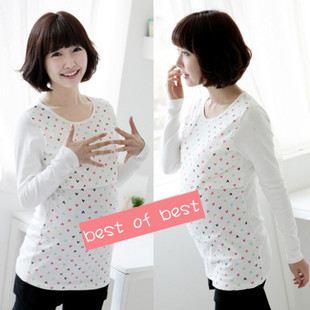 Maternity clothing 100% cotton o-neck white long-sleeve basic shirt small to teethe top nursing top