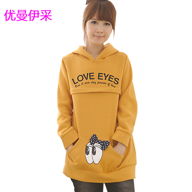 Maternity clothing autumn and winter letter cute bow nursing clothing hooded sweatshirt medium-long