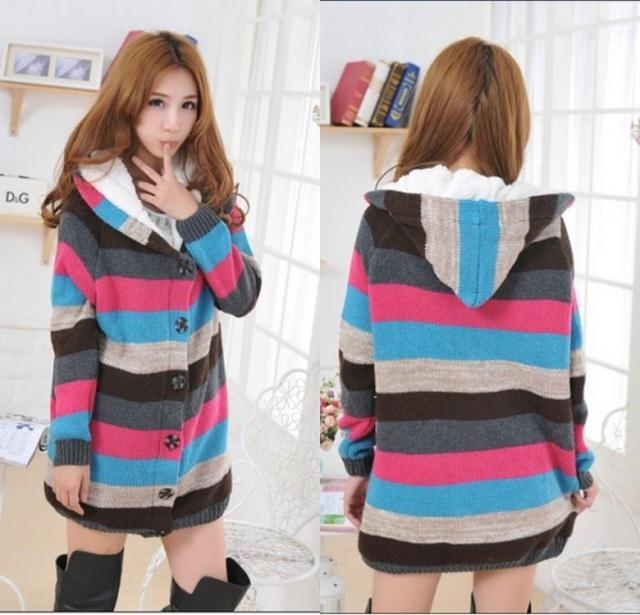 Maternity clothing autumn and winter top multicolour stripe plus velvet big sweater loose plus size with a hood outerwear