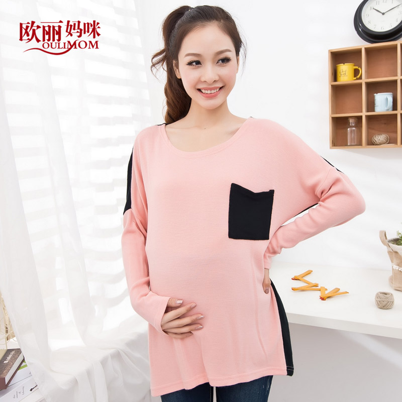 Maternity clothing autumn fashion color block maternity sweater loose maternity long-sleeve top