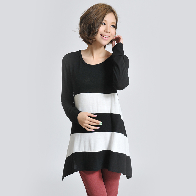 Maternity clothing autumn irregular t-shirt fashion long-sleeve top wide stripe medium-long upperwear 1249