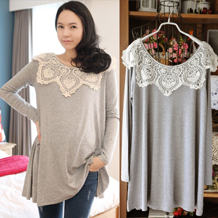 Maternity clothing crochet long-sleeve maternity t-shirt medium-long maternity top basic shirt dress Light gray knitted