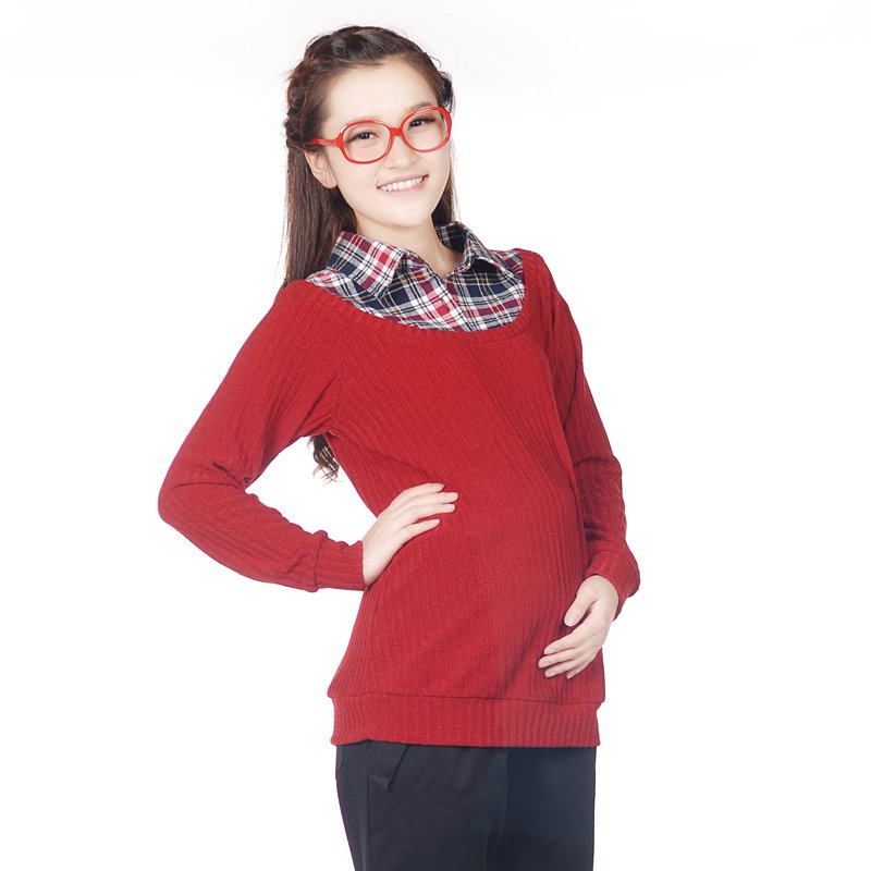 Maternity clothing fashionable casual turn-down collar long-sleeve plaid juxtaposition faux two piece 3412003