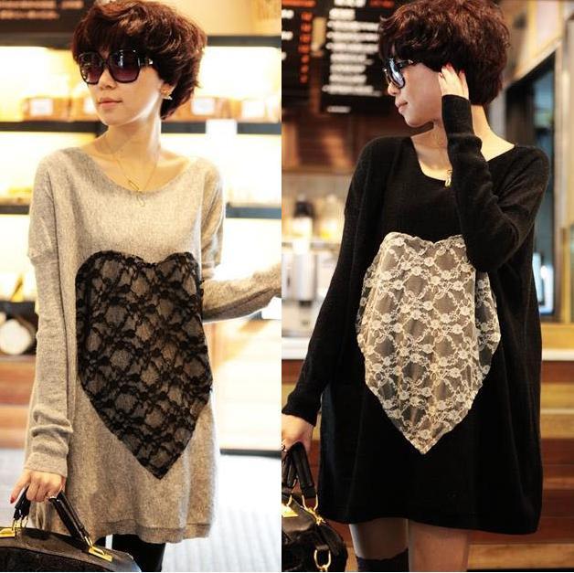 Maternity clothing knitted o-neck lace love maternity sweater loose plus size fashion knitted sweater dress slim hip