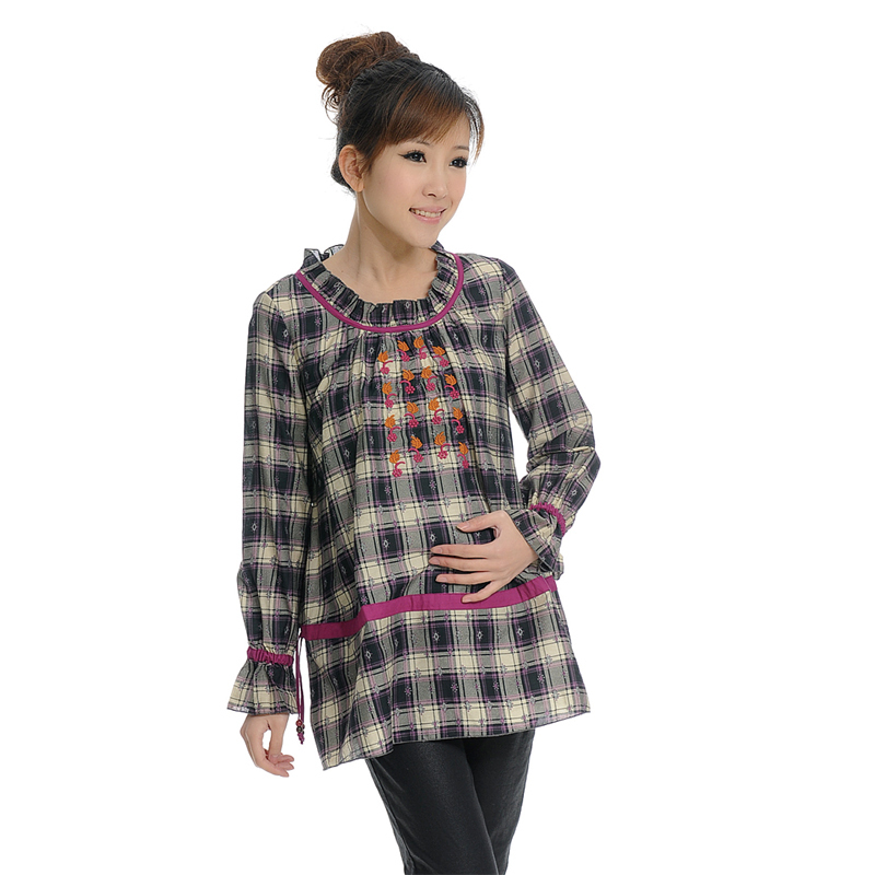 Maternity clothing maternity plaid shirt top no button long-sleeve top 130533