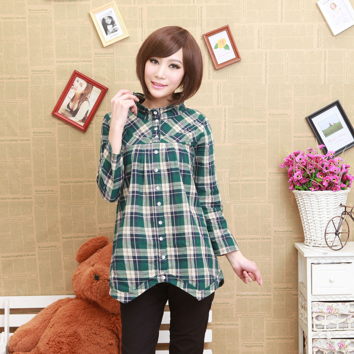 Maternity clothing maternity shirt fashion plaid maternity shirt maternity top t-shirt spring and autumn