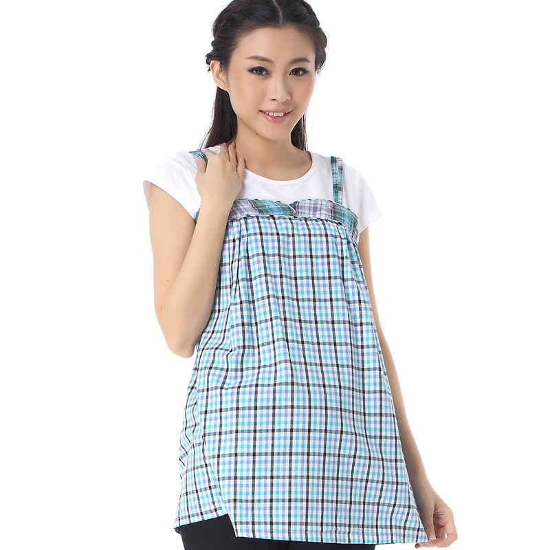 Maternity clothing maternity summer maternity t-shirt faux two piece spaghetti strap style plaid cotton 100%