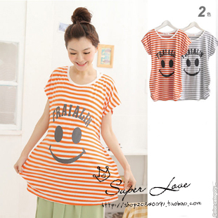 maternity clothing new arrival summer smiley print stripe short-sleeve T-shirt maternity top 21139